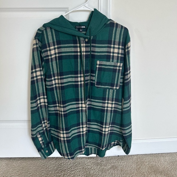 Plaid long sleeve shirt with hoodie green/combo - Picture 3 of 5